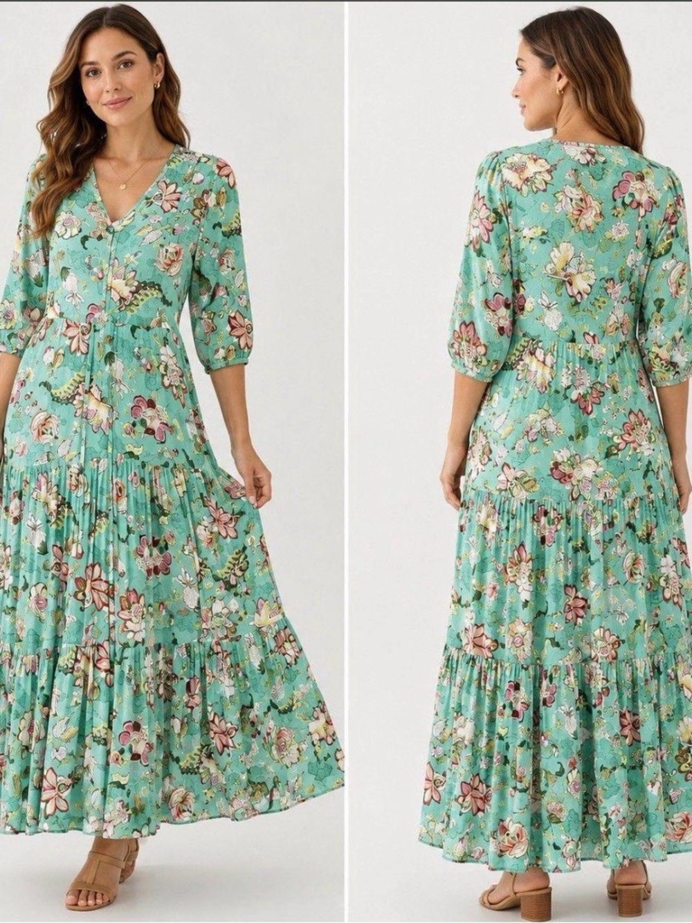 Anthropologie Sunday Mi Amor Floral V-Neck Mint Maxi Dress